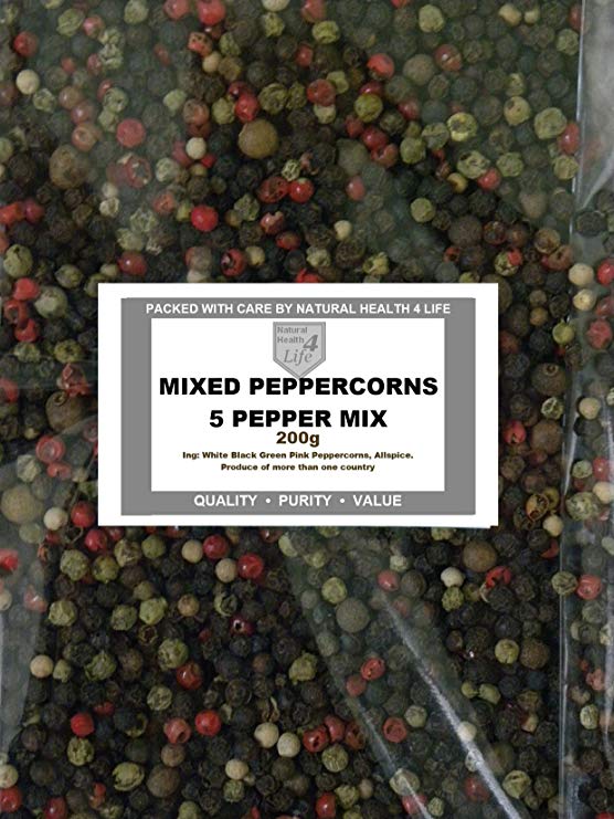 Mixed Peppercorns - Five Pepper Mix Whole Peppercorns Black White Green Red Peppercorns and Allspice 200g