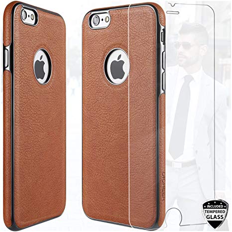 DICHEER Compatible iPhone 6 Case,iPhone 6s Case with Glass Screen Protector,Luxury Matte Brown Leather for Men,Dual Layer Hybrid Defender Soft TPU Bumper Best Protective Cover Classy Case Brown
