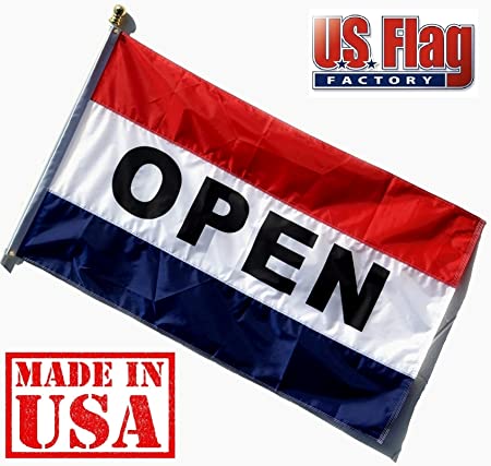 US Flag Factory - 3x5 FT Nylon Open Flag (Sewn Stripes) Outdoor Message Flag - Commercial Grade Business Open Flag - UV Fade Resistant - Made in USA - Premium Quality (Open)