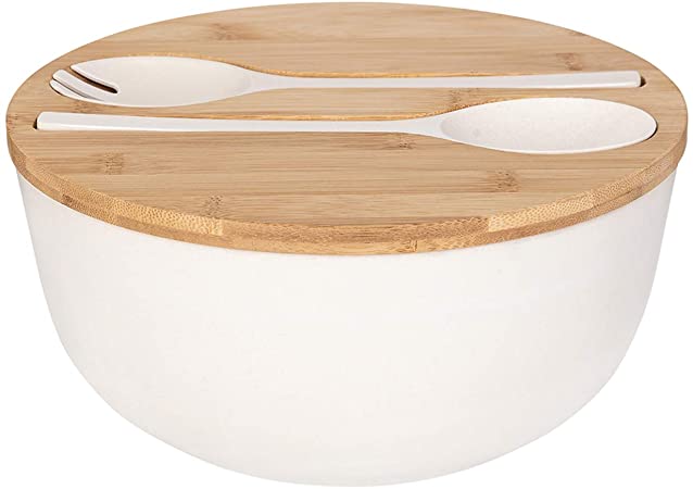 Bamboo Fiber Salad Bowl with Servers Set - Large 9.8 inches mixing bowls Solid Bamboo Salad Wooden Bowl with Bamboo Lid Spoon for Fruits,Salads and Decoration (9.8 inch, White)