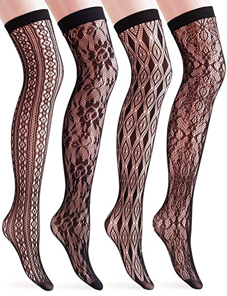 VERO MONTE 4 Pairs Women's Fishnet Thigh High Socks - Stylish Black   Hollow Out