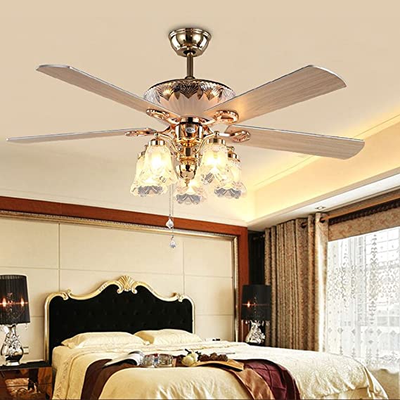 Modern Ceiling Fan with 5 Reversible Blades 5 Frosted Light Kit and Remote Control, Quiet Fan, Ecological Chandelier Fan, Golden Finish, 52-Inch