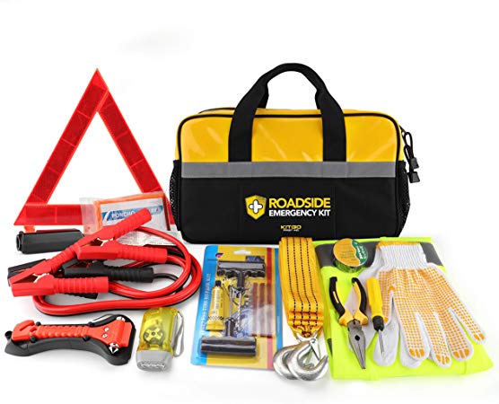 Kitgo Car Emergency Kit, Premium Roadside Assistance Essentials with Jumper Cables, Flashlight, Tow Rope, Life Hammer - Ideal Auto Road Safety Kit for Winter, Survival, Truck, RV and More (Yellow)