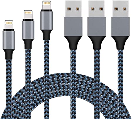 iPhone Charger Cord, 3ft 6ft 10ft 3 Pack Lightning Cable Nylon Braided iPhone Charger Cable MFi Certified Compatible iPhone 11 Xs Max XR X 8 7 6s Plus ipad Mini/Air iPod Pods Black Blue