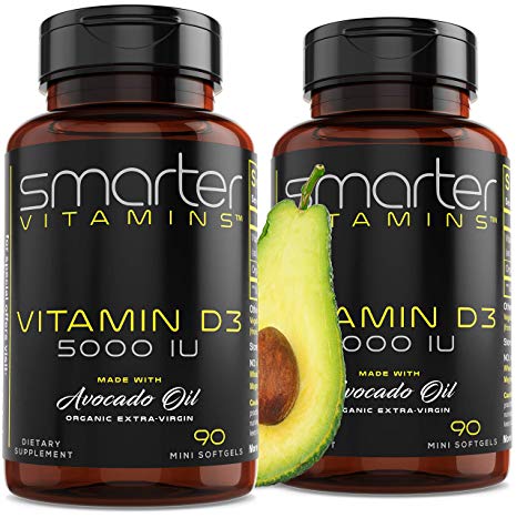 (2 Pack) Vitamin D3 5000 IU in Organic Avocado Oil, 90 Mini Softgels, Non-GMO, Soy Free, Gluten Free, Supports Healthy Bones and Immune Function