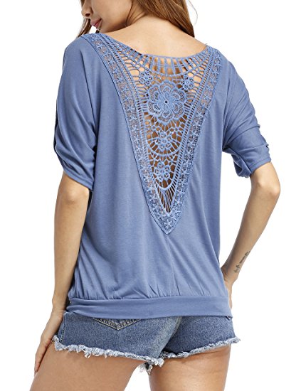 Women Sexy Blouse Loose Backless Hollow Lace T Shirt Tops