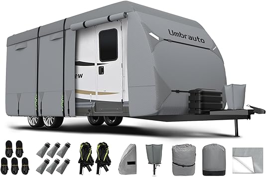 RV Cover Umbrauto 2023 Upgraded 7 Layers Top Camper Cover Windproof Travel Trailer Cover for 33' to 35' RV, Toy Hauler Cover with Tongue Jack Cover, Extra Windproof Ropes, Gutter Covers