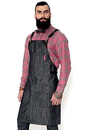 Under NY Sky Cargo Mesh Gray Apron – Cross-Back with Durable Denim, Leather Reinforcement and Split-Leg – Adjustable for Men and Women – Pro Chef, Barbecue, Barista, Bartender, Tattoo Artist Aprons