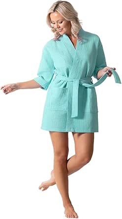 Turkish Linen Lightweight Waffle Knit Bath, Spa & Bridesmaids Kimono Short Robes for Women - Quick Dry & Soft