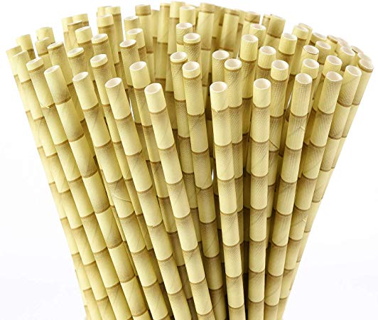 ALINK Biodegradable Bamboo Print Paper Drinking Straws for Drinks, Juices, Smoothies, Shakes, Party Supplies, Pack of 100