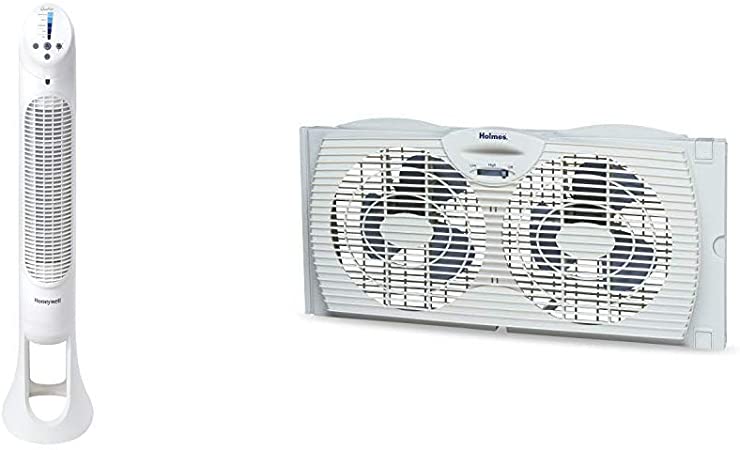 Honeywell Quiet Set Whole Room Tower Fan & Holmes Window Fan with with Twin 6-Inch Reversible Airflow Blades, White