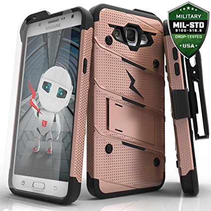 Galaxy J7 J700 2015 Case, Zizo Bolt Cover w/ [.33mm 9H Tempered Glass Screen Protector] Armor [Military Grade] Kickstand Holster Belt Clip