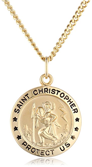 14k Gold-Filled Medium Round Saint Christopher Pendant Necklace with Stainless Steel Chain, 20"