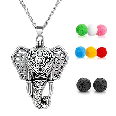GraceAngie Antique Silver Luck Elephant Locket Lava Stones Perfume Fragrance Essential Oil Aromatherapy Diffuser Charms Pendant Necklace with Colorful Pads