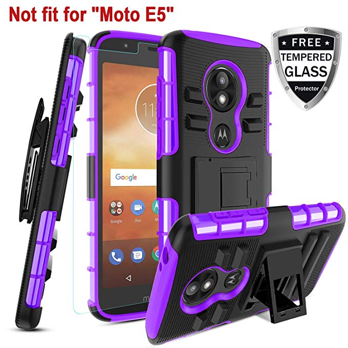 Motorola Moto E5 Play Case, Moto E5 Cruise W [Tempered Glass Screen Protector] [Built-in Kickstand] Rotatable Combo Holster Belt Clip Rugged PC Back &TPU Soft Inner Armor Protective case,Purple