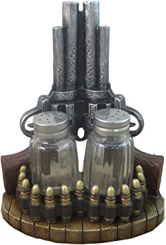 DWK - Gunslinger Spice - Pistol Gun Western Six Shooter Salt & Pepper Shaker Seasoning Holder Home Décor Kitchen Accessory Dining Accent 3-Piece Set, 7-inch