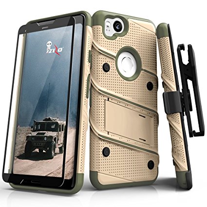 Zizo Bolt Series Google Pixel 2 Case - Tempered Glass Screen Protector with Holster and 12ft Military Grade Drop Tested (Desert Tan & Camo Green)