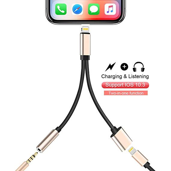 2 IN 1 Earphone Jack Adapter to 3.5mm Audio   Charger Adapter for Phone 7 / 7Plus / X/Phone 8 / 8Plus/ Phone X (gold-rose)