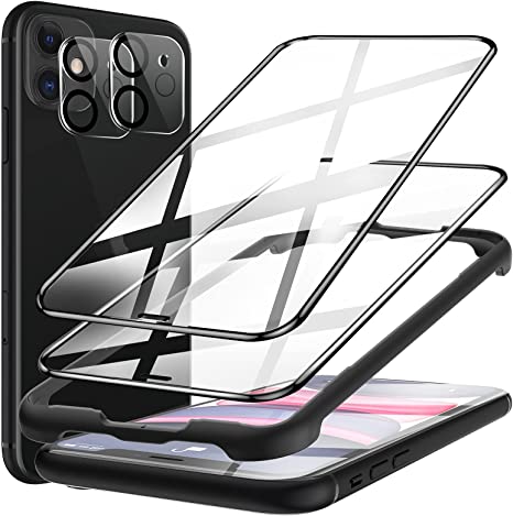 4 Pack LK 2 Pack Screen Protector   2 Pack Camera Lens Protector Compatible with iPhone 11 6.1 inch, 9H Tempered Glass, Full Coverage, Shatterproof, Come with Easy Frame Installation Tray