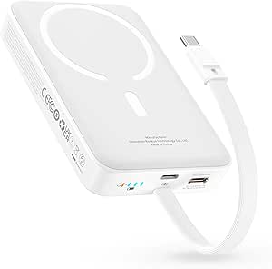 Baseus Batterie Externe Magsafe PD 30W, 10000mAh Magnétique Power Bank avec câble USB-C Intégré (Charge/décharge) pour iPhone 15/14/13/12 Series, Magsafe Batterie, Chargeur Portable Puissante, Blanc