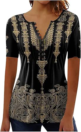 Summer Tops for Women 2025 Trendy Boho Floral Print Tunic Shirts Short Sleeve Button v Neck Tshirt Casual Loose Blouse