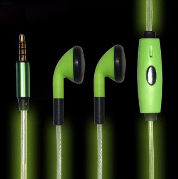 WolVol In-Ear Headphone Earphones with Microphone LED Flashing Lights GREEN Syncs with the Beats of your Music