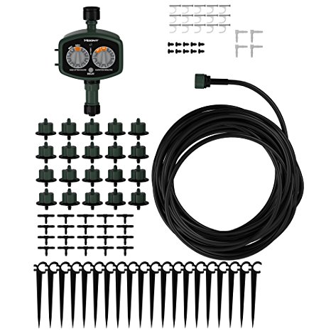 Hoont 100ft Tubing   20 Drip Heads Drip Irrigation Kit with 7-Day Timer - Automatic Hi Efficiency Watering Drip Sprinkler System for Deck, Patio, Greenhouse, Garden and Lawn – 1/4” Tubing