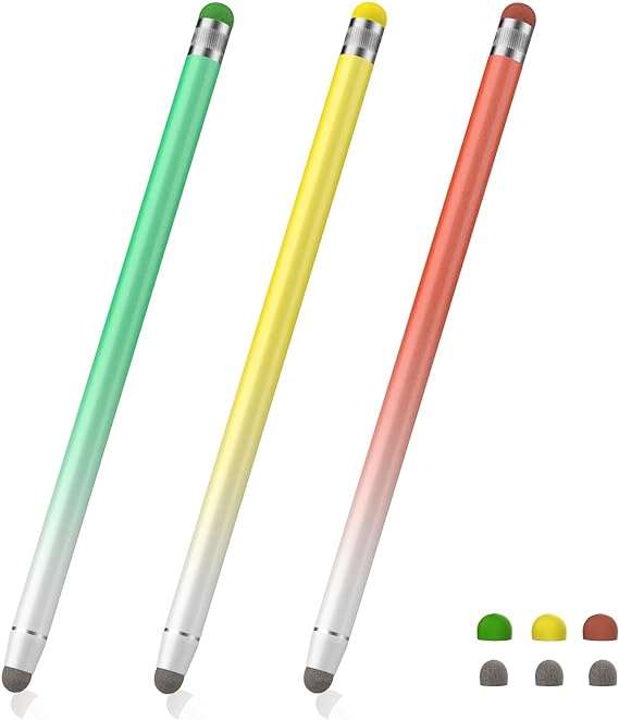 MoKo Stylus Pens for Touch Screens, 2-in-1 Universal Stylus Pen(3pcs) with 6 Extra Tips High Sensitivity&Accuracy, Compatible with iPad/iPhone/Samsung/Android/Tablet All Touchscreens, Red/Yellow/Green