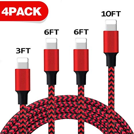 iPhone Charger, MFi Certified iPhone Cable 4 Pack [3/6/6/10FT] Extra Long Nylon Braided USB Charging&Syncing Cord Compatible with iPhone Xs Max/XS/XR/X 10/7/7Plus/8/8Plus/6S/6S Plus/SE (Black&Red)