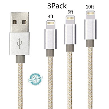 iPhone Cable - 3Pack 3FT 6FT 10FT, DANTENG Extra Long Charging Cord - Nylon Braided 8 Pin to USB Lightning Charger for iPhone 7,SE,5,5s,6,6s,6 Plus,iPad Air,Mini,iPod(Gold Silver)