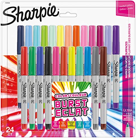 Sharpie Permanent Markers, Ultra Fine Point, Assorted Color Burst Colors, 24 Count