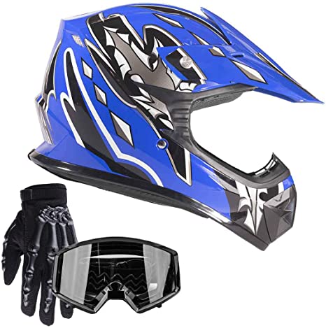 Typhoon Youth Kids Offroad Gear Combo Helmet Gloves Goggles DOT Motocross ATV Dirt Bike MX Motorcycle Blue Black, Small