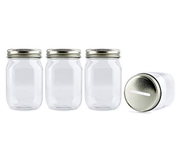 Cornucopia Small Coin Bank Jars (4-Pack); 16oz Clear Plastic Mason Jar Coin Banks w/ Gold Slotted Lids