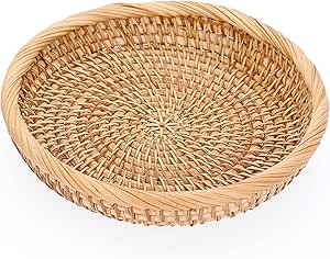 Hipiwe Small Key Basket Bowl for Entryway 7.6" Round Woven Wicker Basket Snacks Fruit Candy Serving Basket Tray Rattan Organizer Basket for Keys Wallet Cell Phone