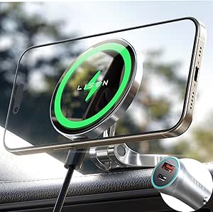 LISEN for MagSafe Car Mount Charger, Universal 15W Fast Charging Magsafe Car Charger, Dashboard Wireless Car Charger Magsafe Car Mount with A Car Charger Fits iPhone 16/15/14/13 Pro Max Plus Samsung