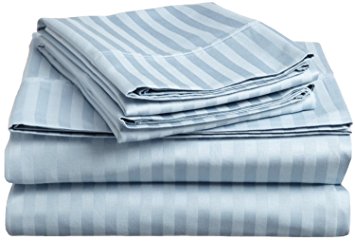 1000 Thread Count Large Fit Pocket 26 Inches Light Blue Striped ( 4PCs ) Superior Royal Fabric Sheet Set Queen XL Size 100% Pure Egyptian Cotton Made By Galaxy's Linen