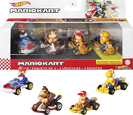 Hot Wheels Mario Kart Vehicle 4-Pack, Set of 4 Fan-Favorite Characters Includes 1 Exclusive Model, Collectible Gift for Kids & Fans Ages 3 Years Old & Up