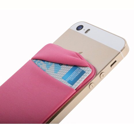 Case Art Plus Credit Card Secure Holder Stick on Wallet [ Lid ] Discreet ID Holder Lycra Spandex Card Sleeves for Smartphones, iPhone 6, Samsung Galaxy Cell Phone Wallet Case 3M Adhesive (Pink)