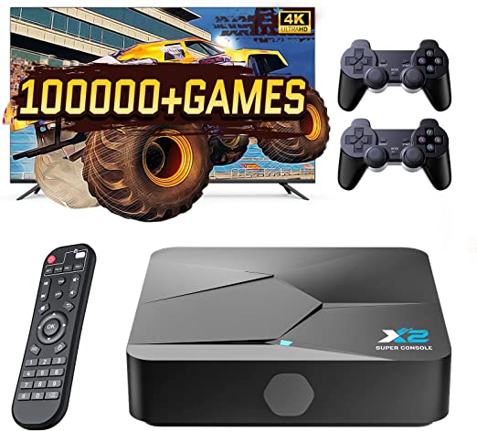 Super Console X2 Video Game Console with 100,000  Classic Games, Compatible with PSP/NAOMI/ATARI etc, S902X2 Chip, Android TV 9.0&Emuelec 4.5 Dual Systems, 4K TV/AV Output,Include 2 Controllers