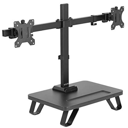 VIVO Black Freestanding Dual Monitor Stand for up to 27 inch Screens | Ergonomic Monitor Mount with 16 inch Wide Desktop Riser Storage Organizer Base | Fits VESA up to 100x100 (STAND-V102SF)