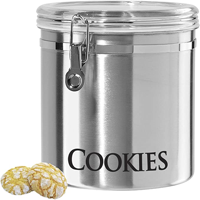 Oggi Airtight Clamp Canister Food Storage Container, 8-Inch-Cookies, Stainless, Clear Lid