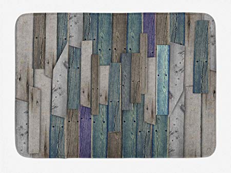 Ambesonne Rustic Bath Mat, Image of Blue Grey Grunge Wood Planks Barn House Door Nails Country Life Theme Print, Plush Bathroom Decor Mat with Non Slip Backing, 29.5" X 17.5", Teal Purple