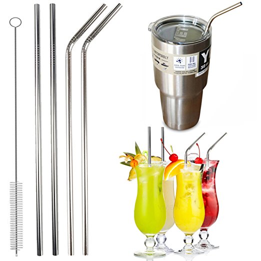 18/8 Stainless Steel Straws,Reusable Drinking Straws for Tumbler Rambler Cups 30 oz,Free Cleaning Brush Included,4Pack(10.5" 2 Bent 2Straight)