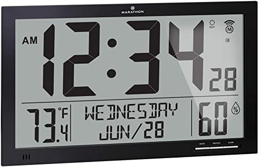 Marathon Slim Jumbo Auto-Set Atomic Full Calendar Digital Wall Clock with Temperature, Humidity, 7 Time Zone, Auto DST, Self Setting, Self Adjusting, Batteries Included (Midnight Black)