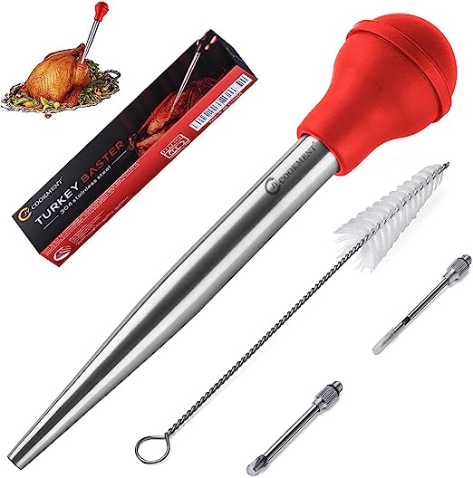 JY COOKMENT Stainless Steel Turkey Baster Baster Syringe for Cooking Meat Injector Set with 2 Marinade Needles 1 Cleaning Brush for Home Baking Kitchen Tool(RED)