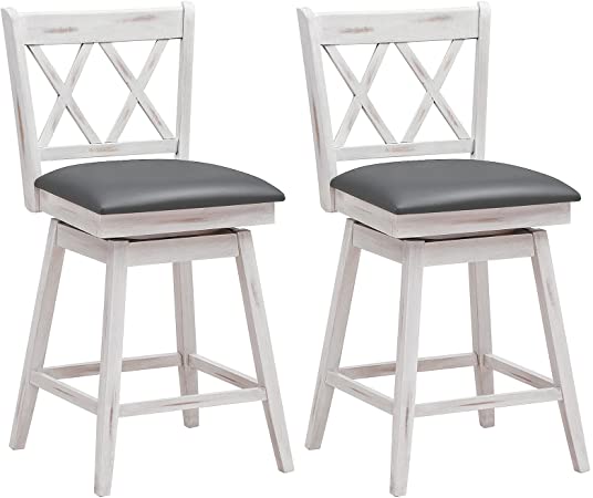 COSTWAY Bar Stool Set of 2, 360° Swivel Counter Height 25inch Bar Stool with Foot Rest Upholstered Cushion & Ergonomic Backrest, Sturdy Frame, for Pub, Restaurant, Home (2, White   Grey)