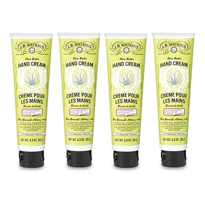 JR Watkins Natural Moisturizing Hand Cream, Aloe and Green Tea, 4 Pack, Hydrating Hand Moisturizer with Shea Butter, Cocoa Butter, and Avocado Oil, USA Made and Cruelty Free, 3.3oz