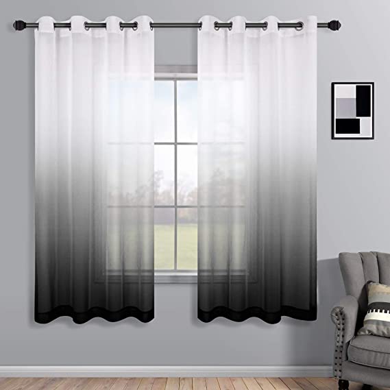 Black Curtains 72 Inches Long for Bedroom Set of 2 Panels Grommet Faux Linen Semi Voile Elegant Black Sheer Curtains for Living Room 52x72 Inch Length