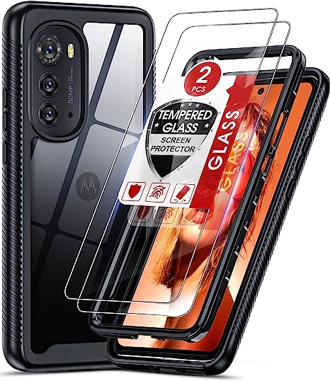 LeYi for Motorola Edge 2022 Case, Moto Edge 2022 Case with 2 Tempered Glass Screen Protector, Full-Body Shockproof Bumper Rugged Hybrid Clear Protective Phone Case for Motorola Edge 2022, Black