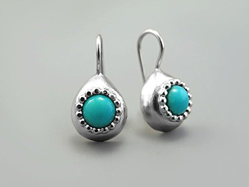An Everyday Small Sterling Silver Earrings For Women Blue-Green Turquoise Natural Genuine Gemstone Modern Simple Bohemian Ethnic Native American Southwestern Style Unique Gift December Birthstone